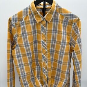 Eddie Bauer Yellow Plaid Tie Front Button Shirt Women Large